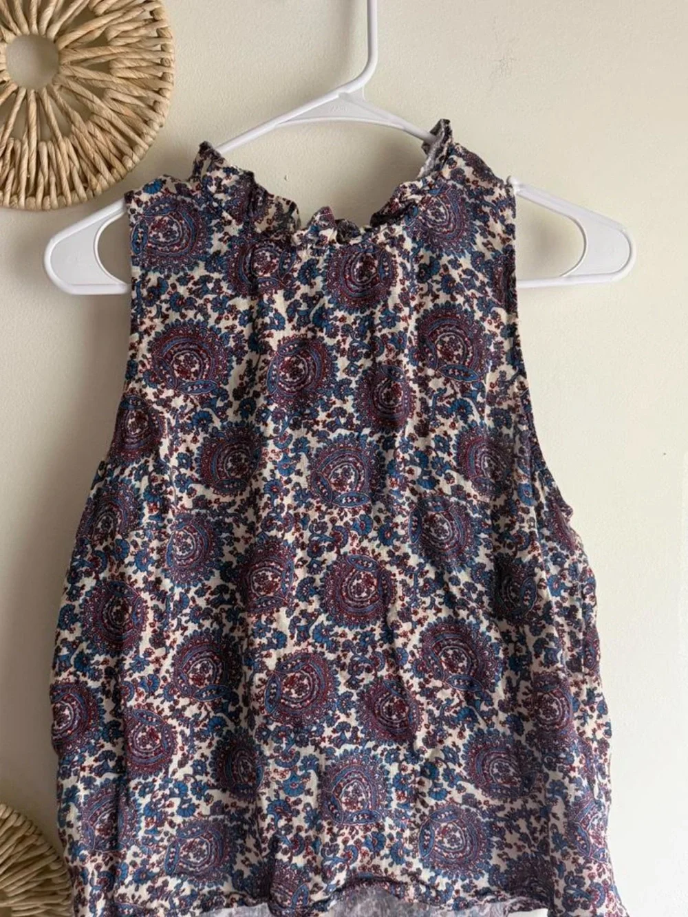 J. Crew Navy and Cream Floral Smocked-Neck Sleeveless Blouse